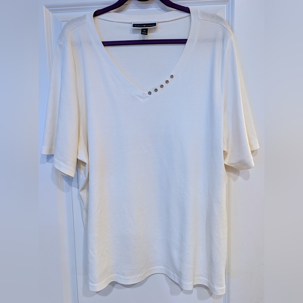 Karen Scott V-neck Top, Button Detail, Short Sleeve Tee, 100% Cotton, Size 3X